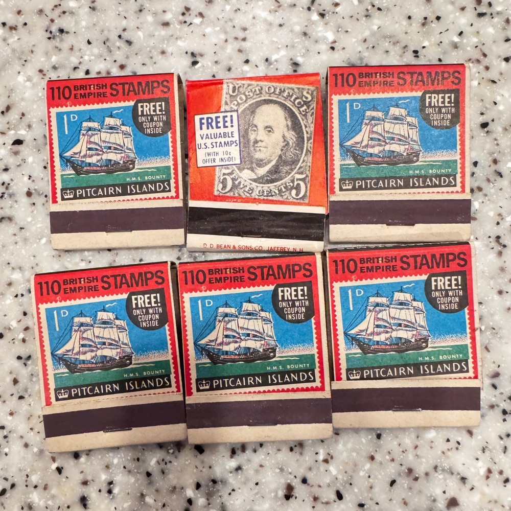 Vintage Matchbooks Lot of 6 D.D.‎ Bean British Empire Stamps Pitcairn Islands